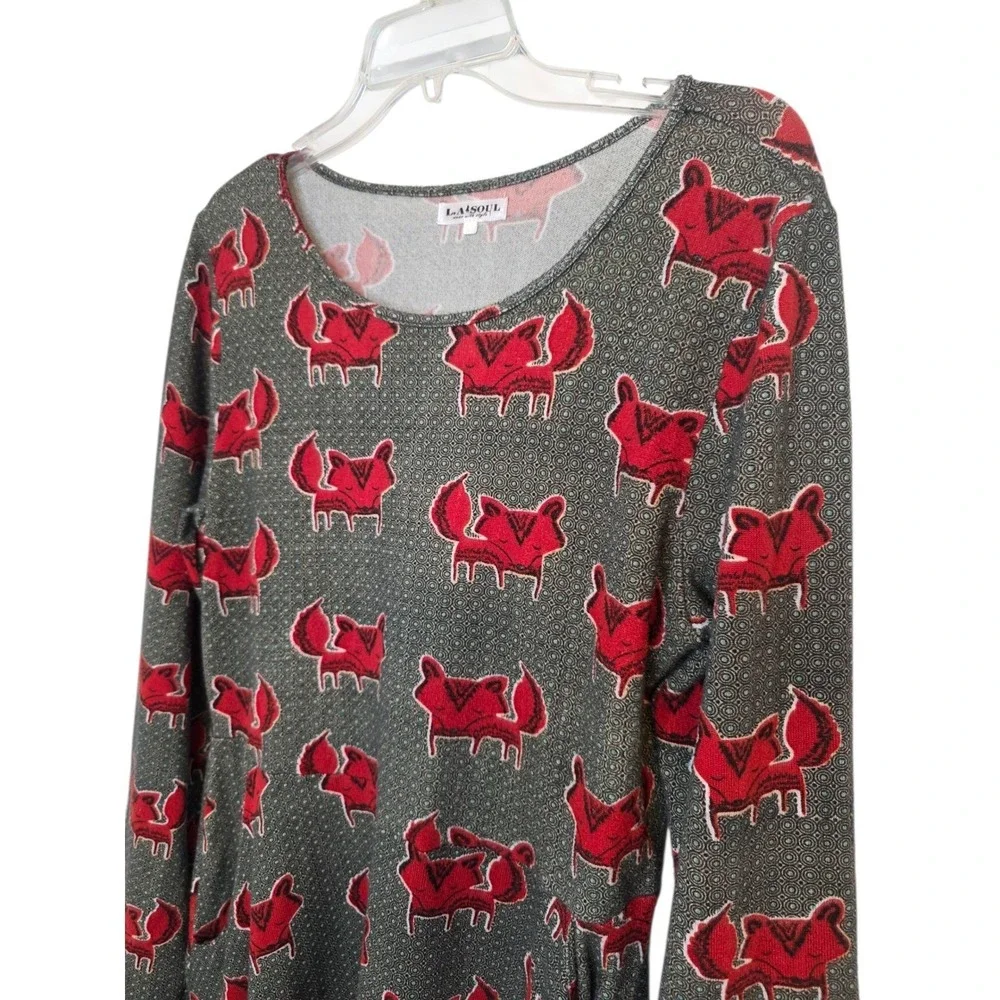 LA Soul Women's Long Sleeve Dress Red Fox Print Gray Knit Casual Large Pockets‎
